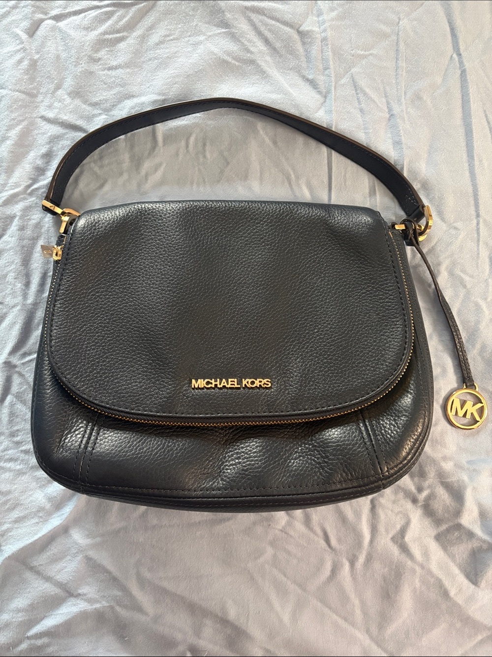 Michael Kors Navy Blue Pebbled Leather Flap Shoulder Bag with Gold Accent